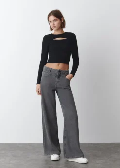 T-Shirt Cut-Out Geribd Lange Mouwen